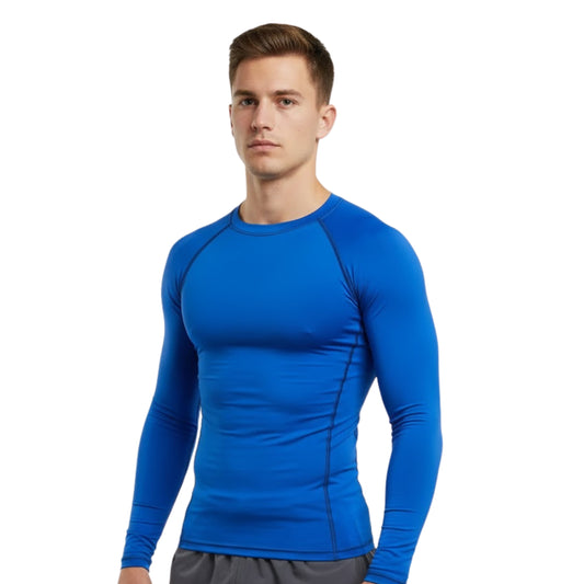 Man wearing a blue long-sleeve athletic shirt on a white background