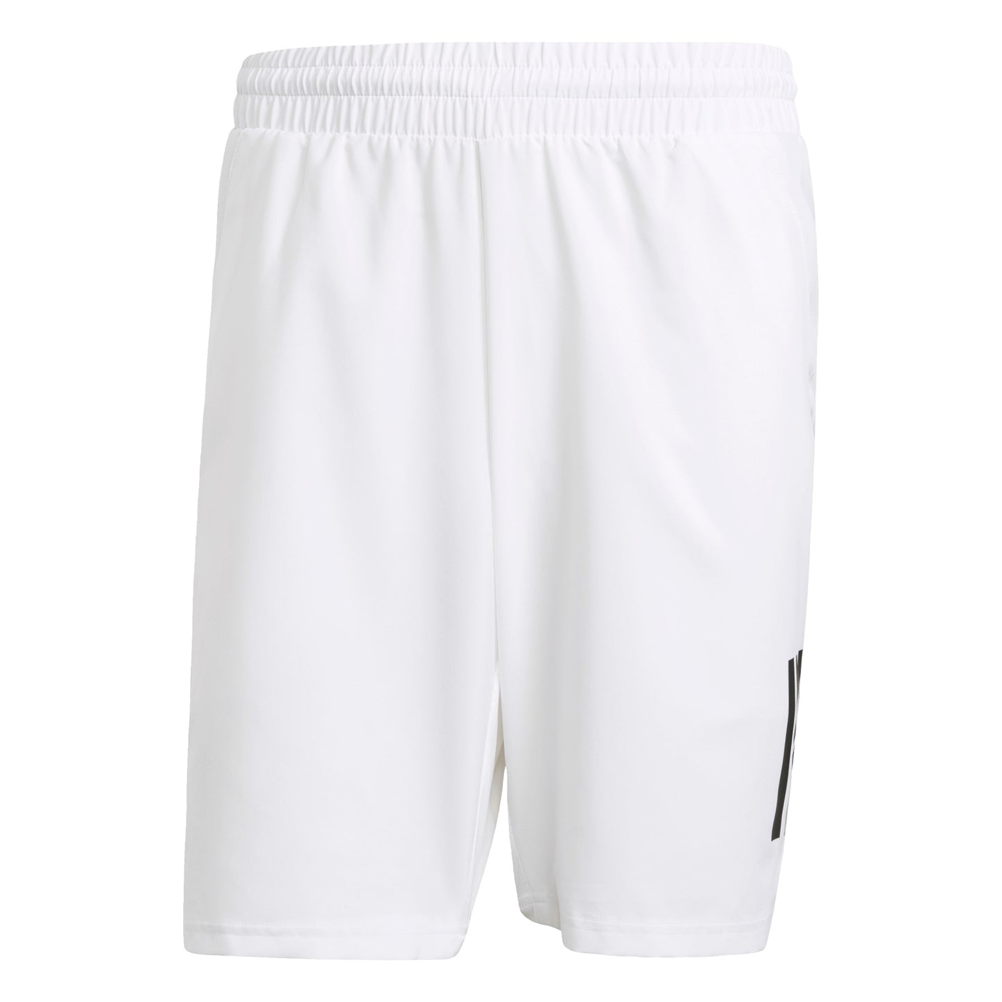 White shorts with a small black adidas logo on a white background