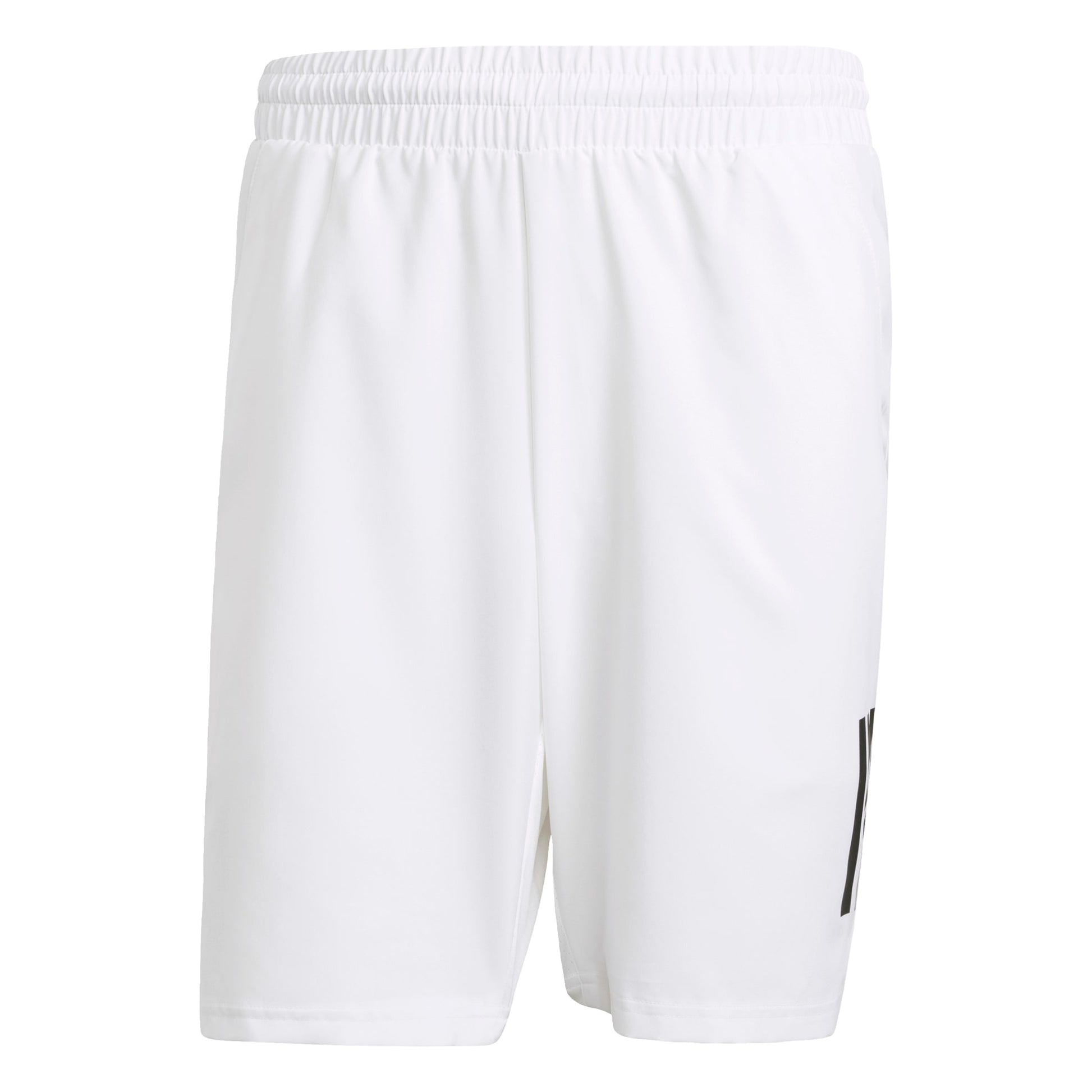 White shorts with a small black adidas logo on a white background