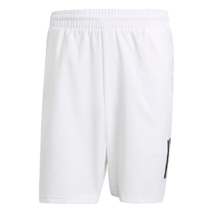 White shorts with a small black adidas logo on a white background
