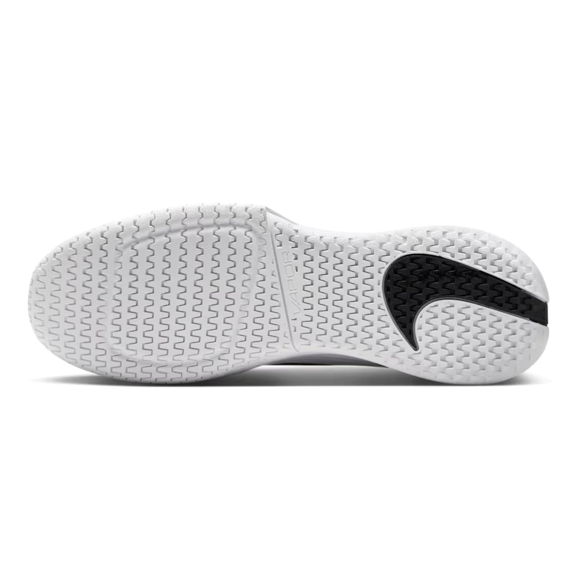 White tennis shoe sole with a black logo on a white background