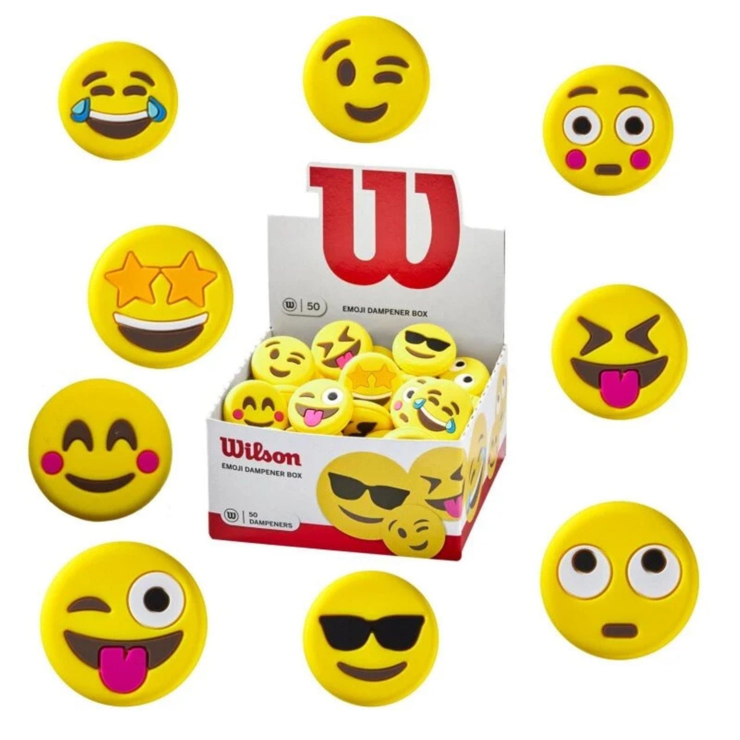 Box of Wilson emoji-themed tennis string dampeners with various emoji designs on a white background.