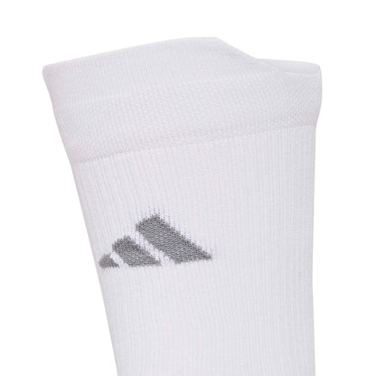 A close-up of a white athletic sock featuring the gray Adidas logo on the side, set against a plain white background.
