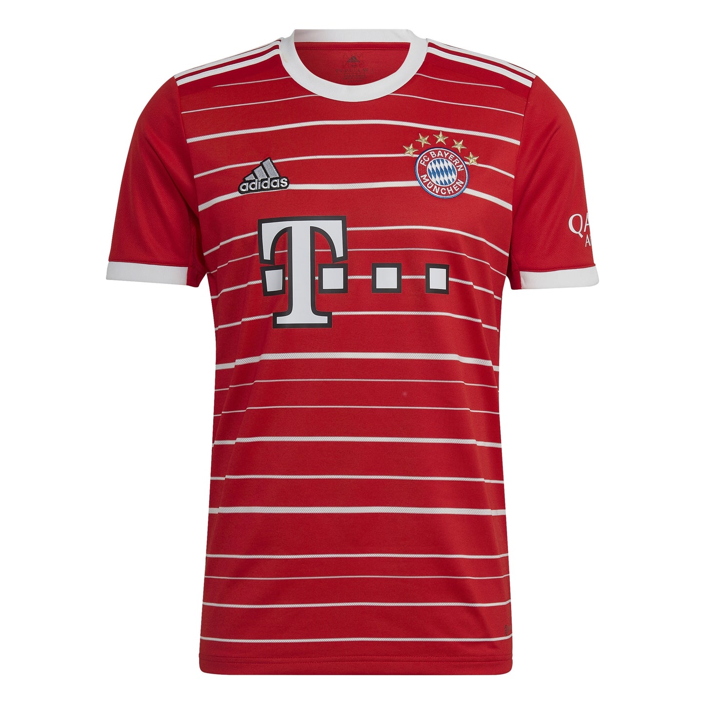 Red Adidas sports jersey with white stripes and brand logos on a white background