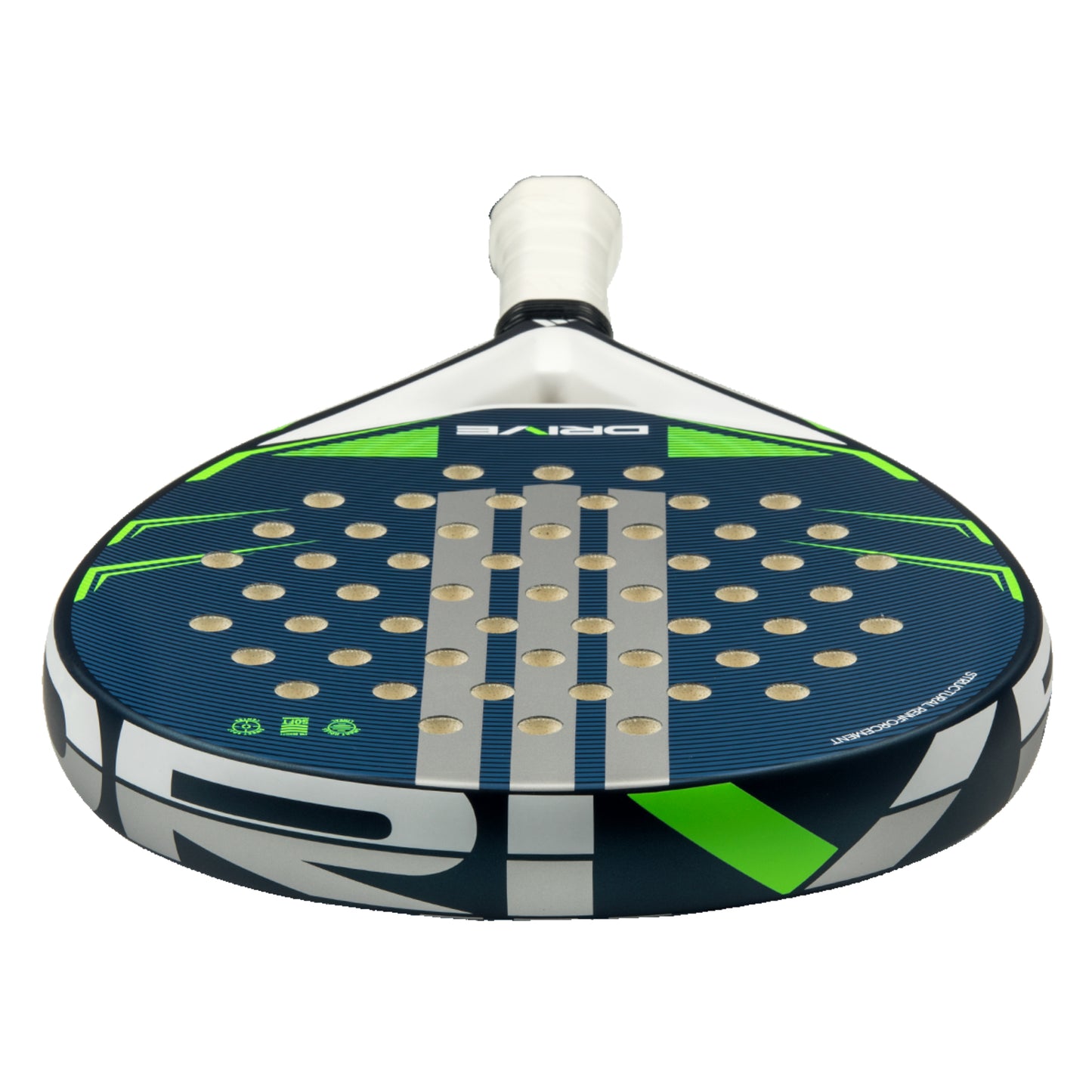 Padel racket with blue and green design on a white background