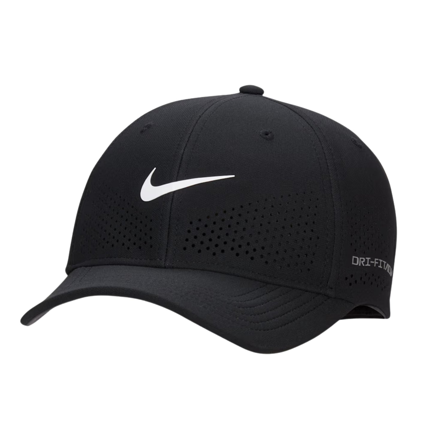 Black Nike cap with white swoosh logo on a white background