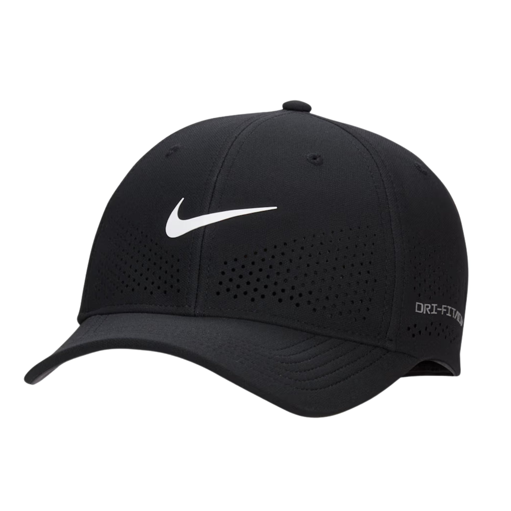 Black Nike cap with white swoosh logo on a white background