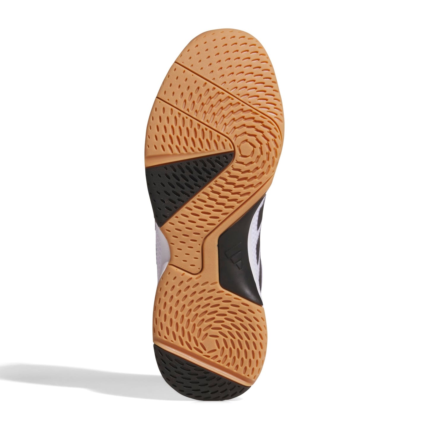 Close-up of a squash shoe sole with brown and black pattern on a white background