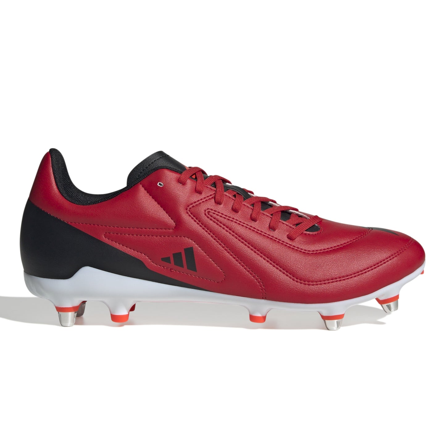 Red and black rugby boot with white sole on a white background