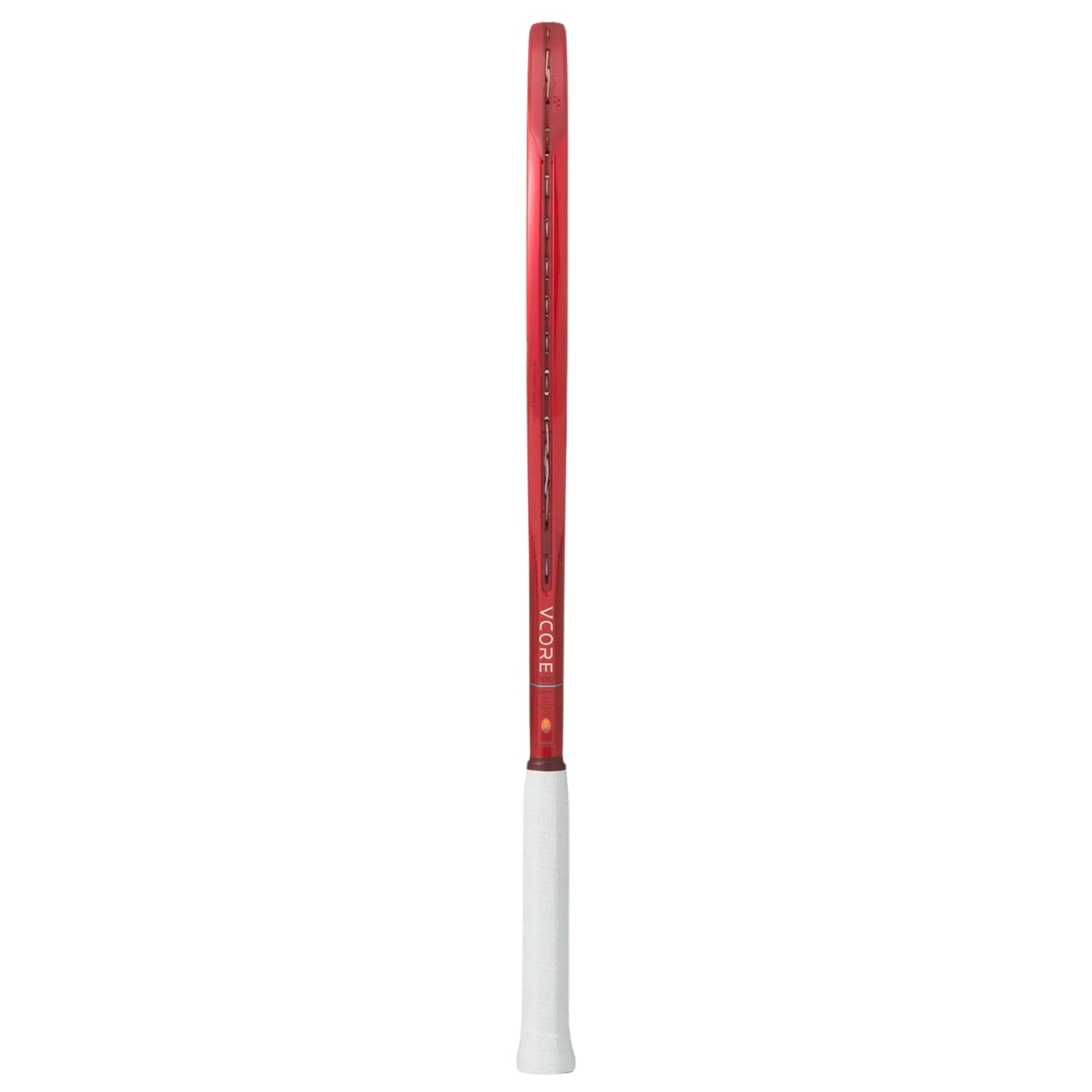 Red and white tennis racket with Vcore branding on a white background