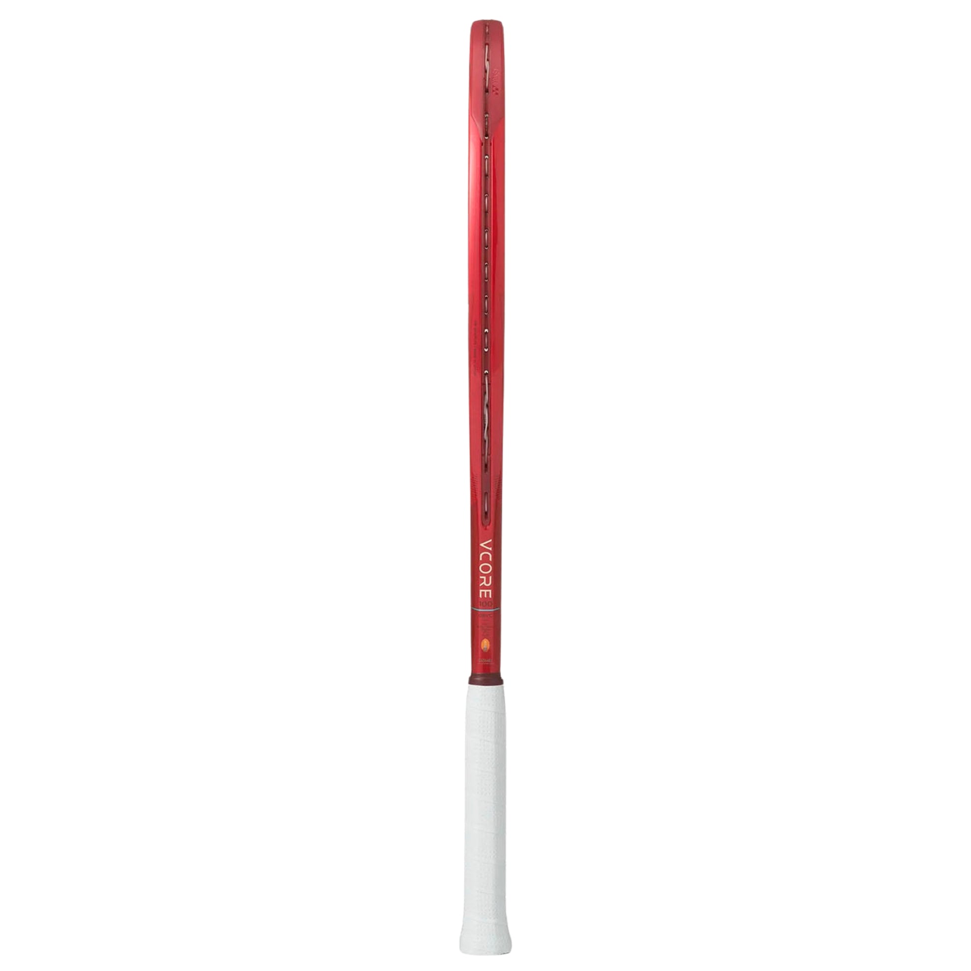 Red and white tennis racket with Vcore branding on a white background