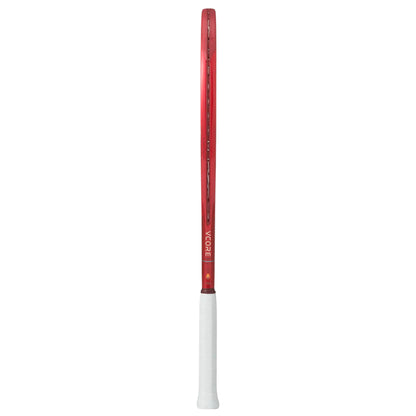Red and white tennis racket with Vcore branding on a white background