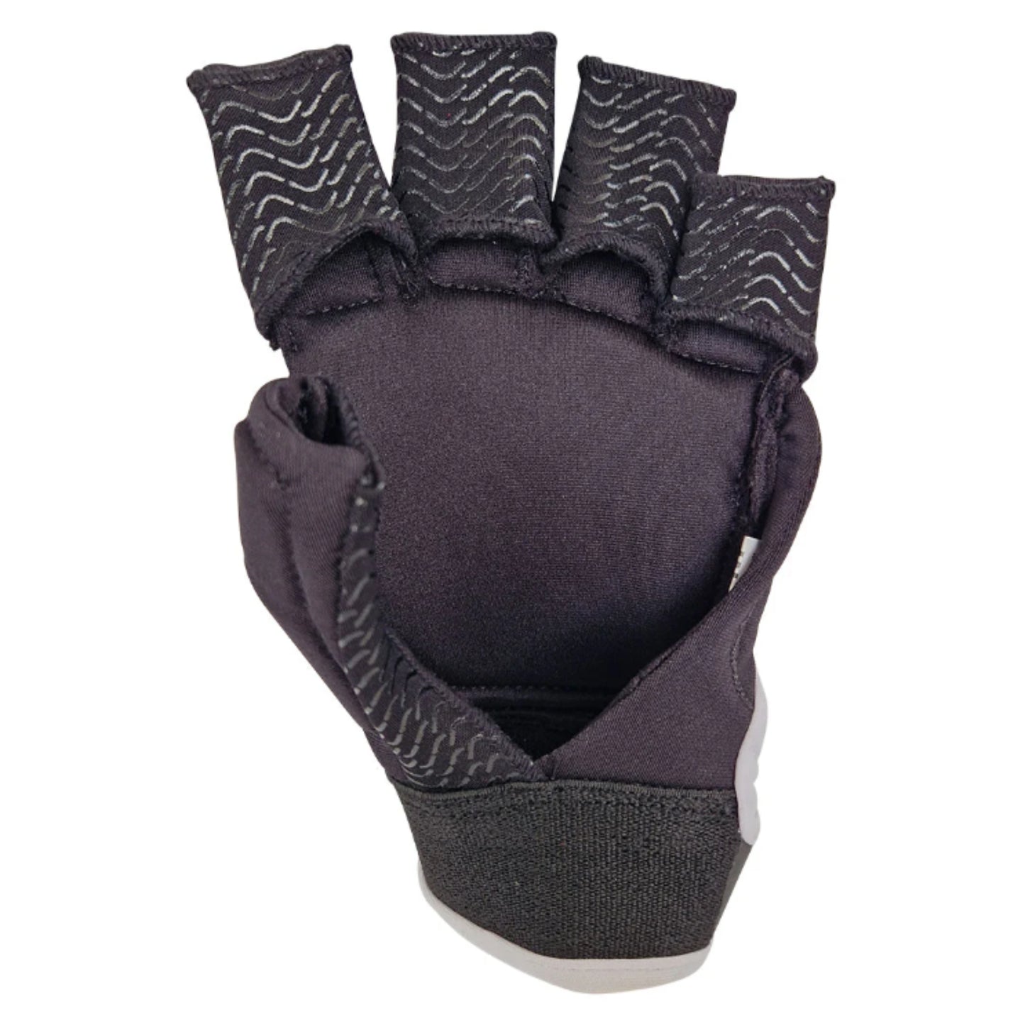 Black glove with textured palm and fingers on a white background
