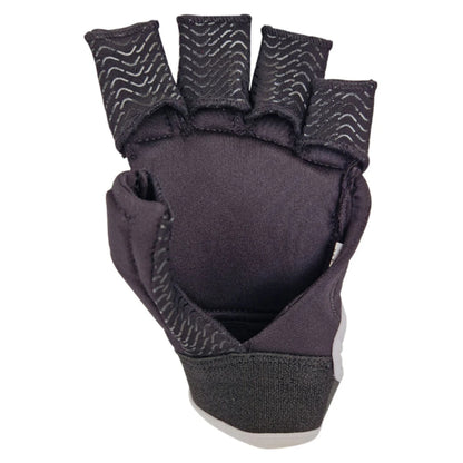 Black glove with textured palm and fingers on a white background