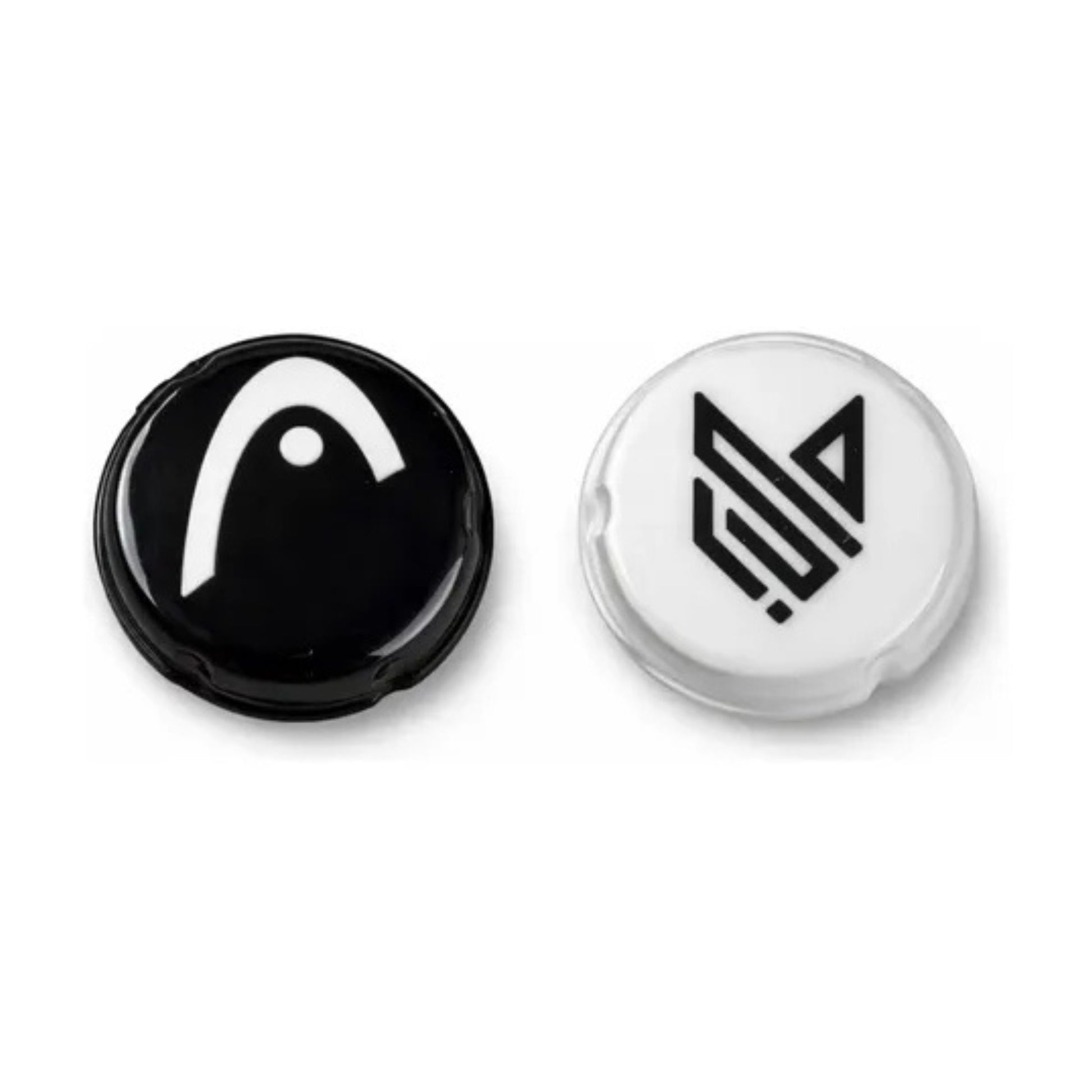Dampener with black and white logos on a white background