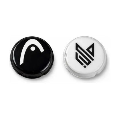 Dampener with black and white logos on a white background