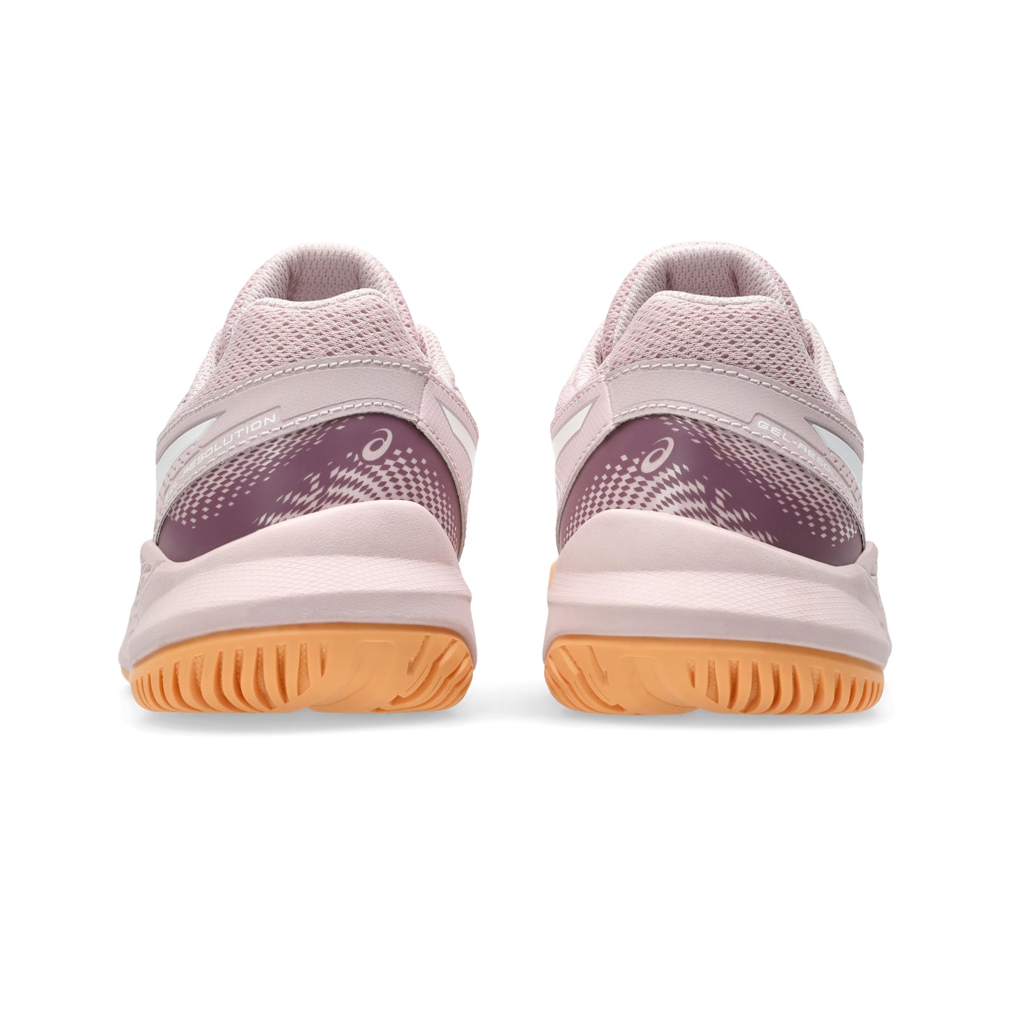 Pair of pink Asics tennis shoes with a brown sole on a white background