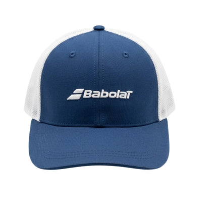 Blue and white cap with Babolat logo on a white background