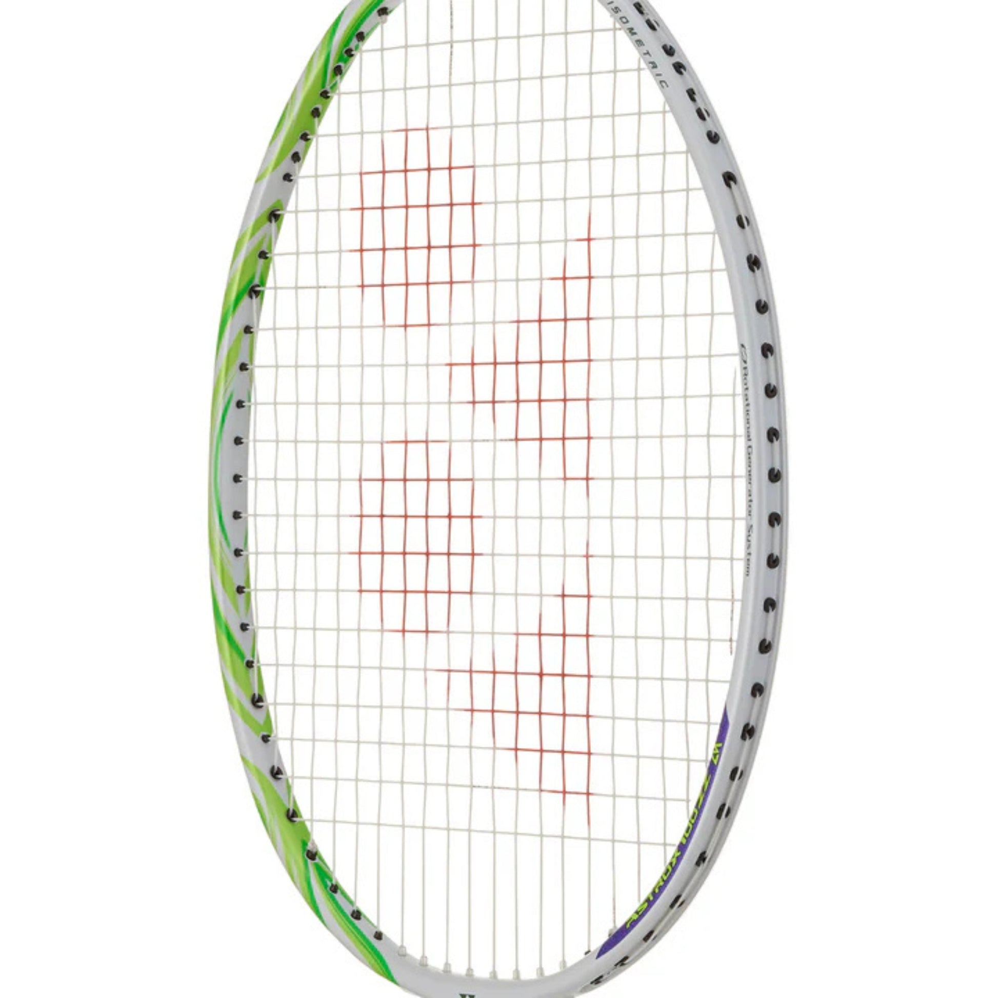 Badminton racket with a white strings background on a white background