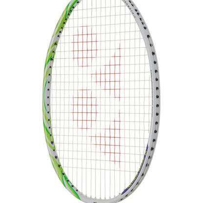 Badminton racket with a white strings background on a white background
