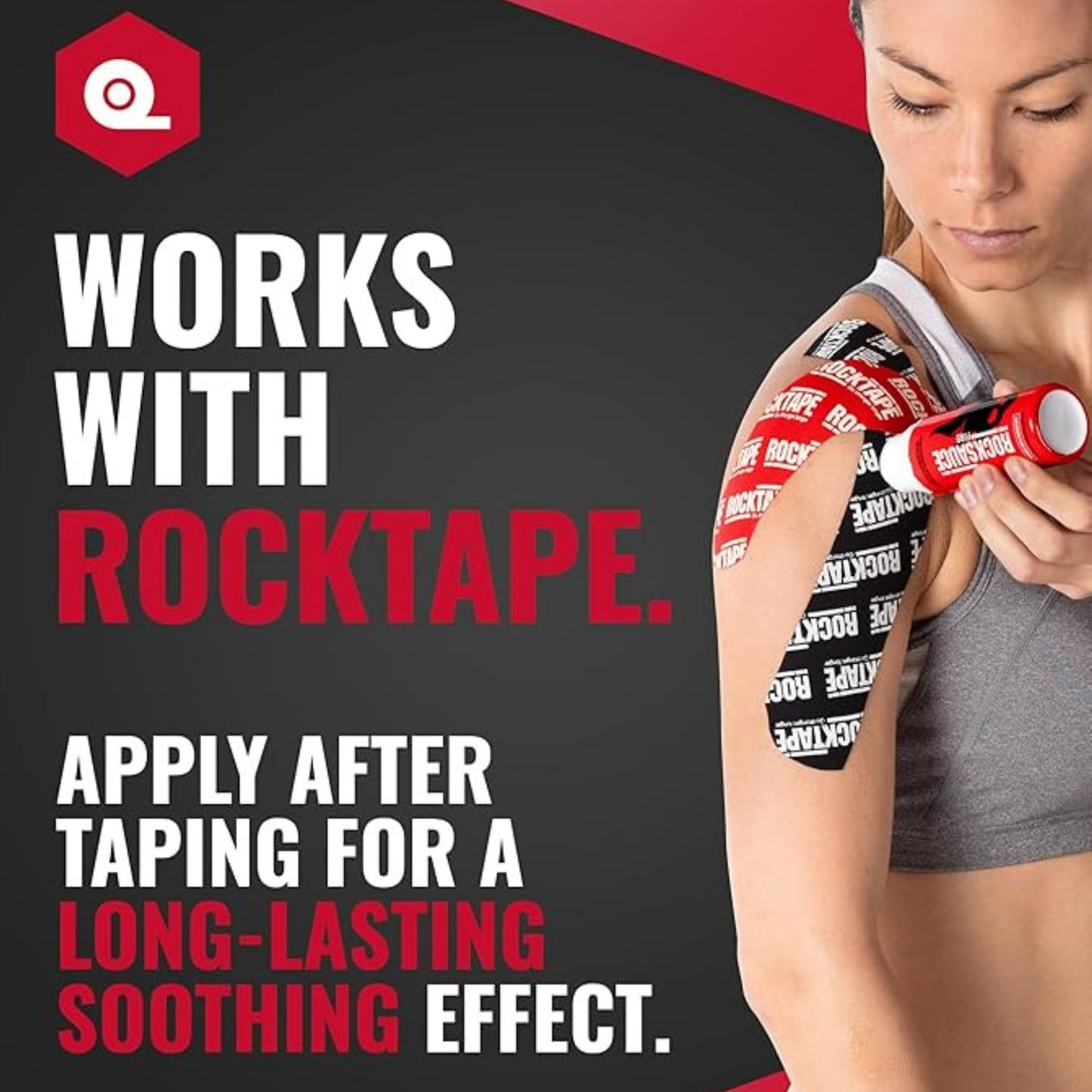 Person applying balm with text about RockTape on a black background
