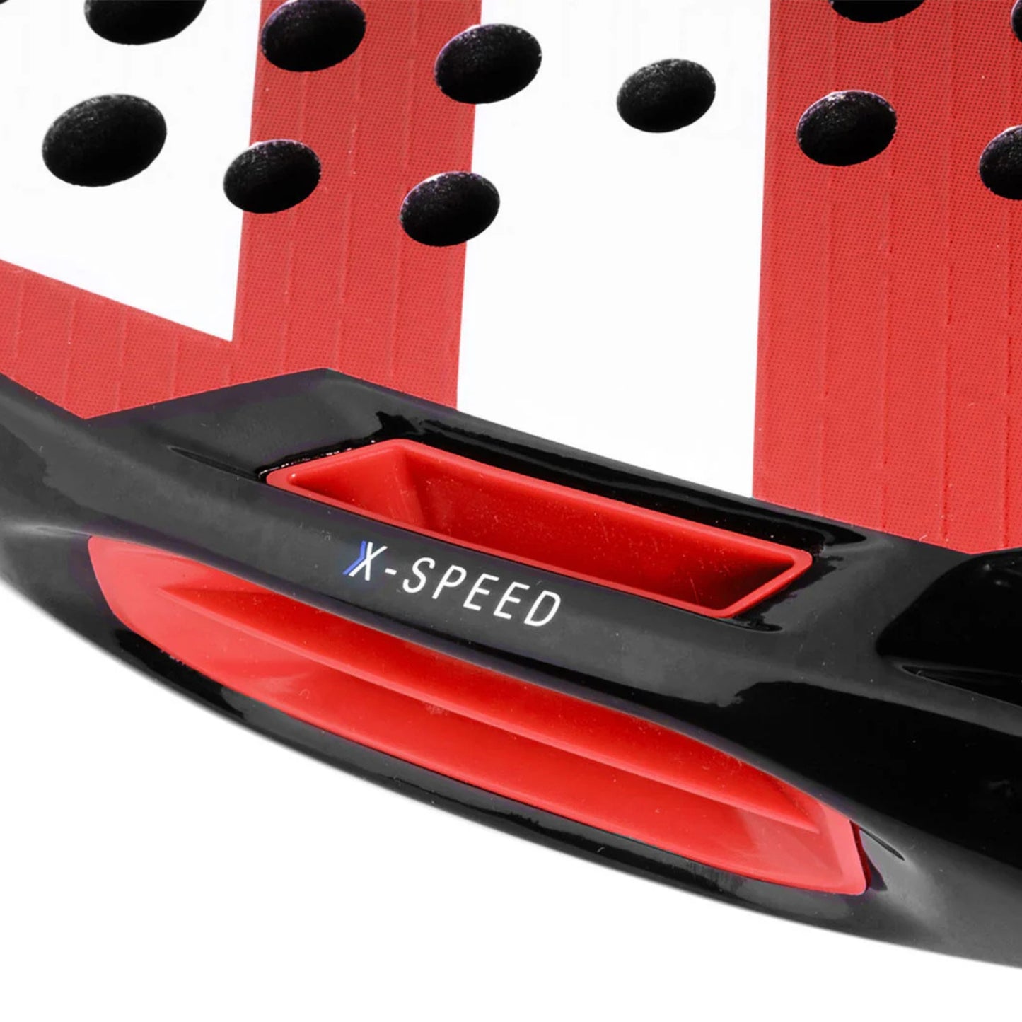 Close-up of a red and black padel racket with 'X-Speed' branding on a white background