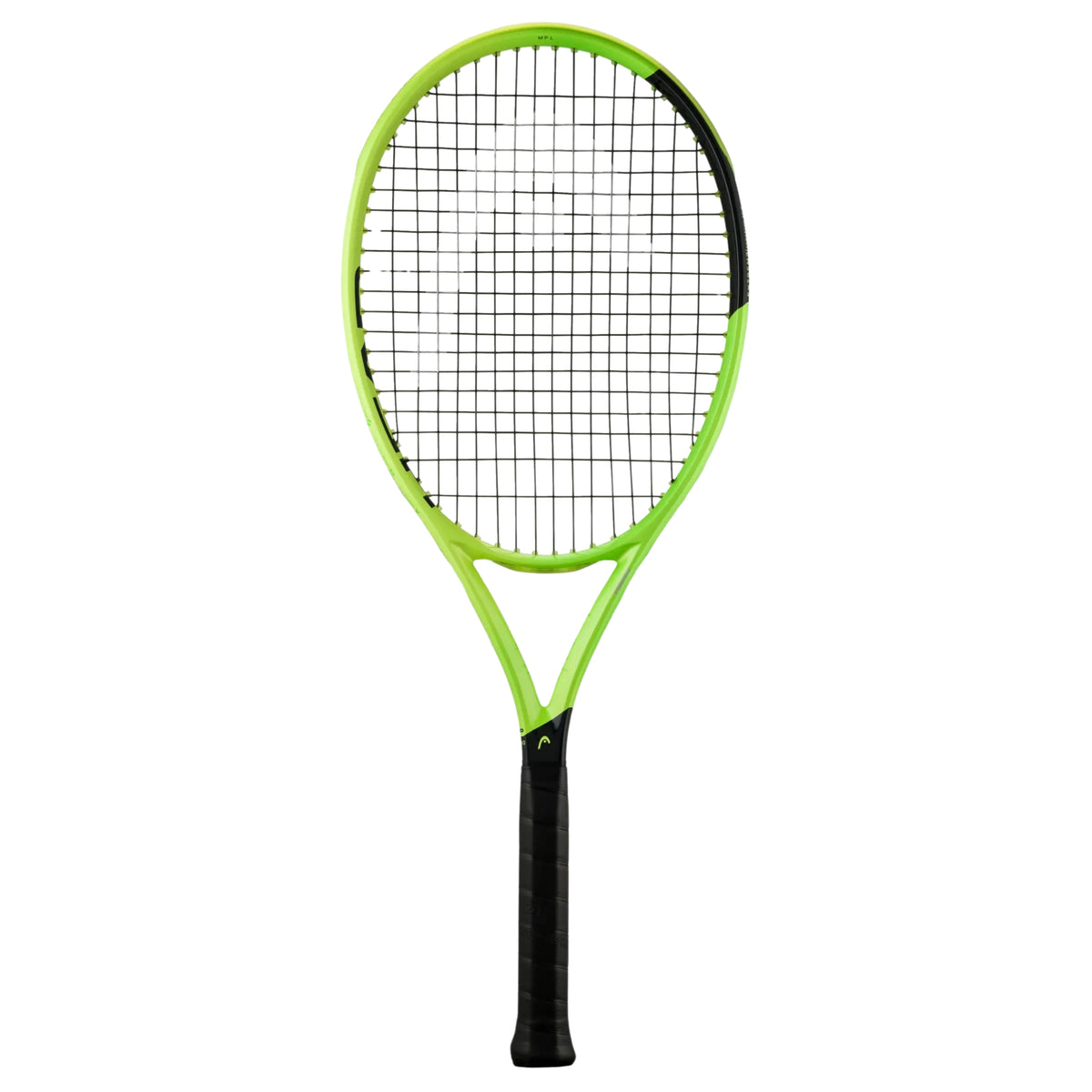 A Head tennis racket with a bright lime green frame and black strings, featuring a black grip handle, shown against a plain white background.