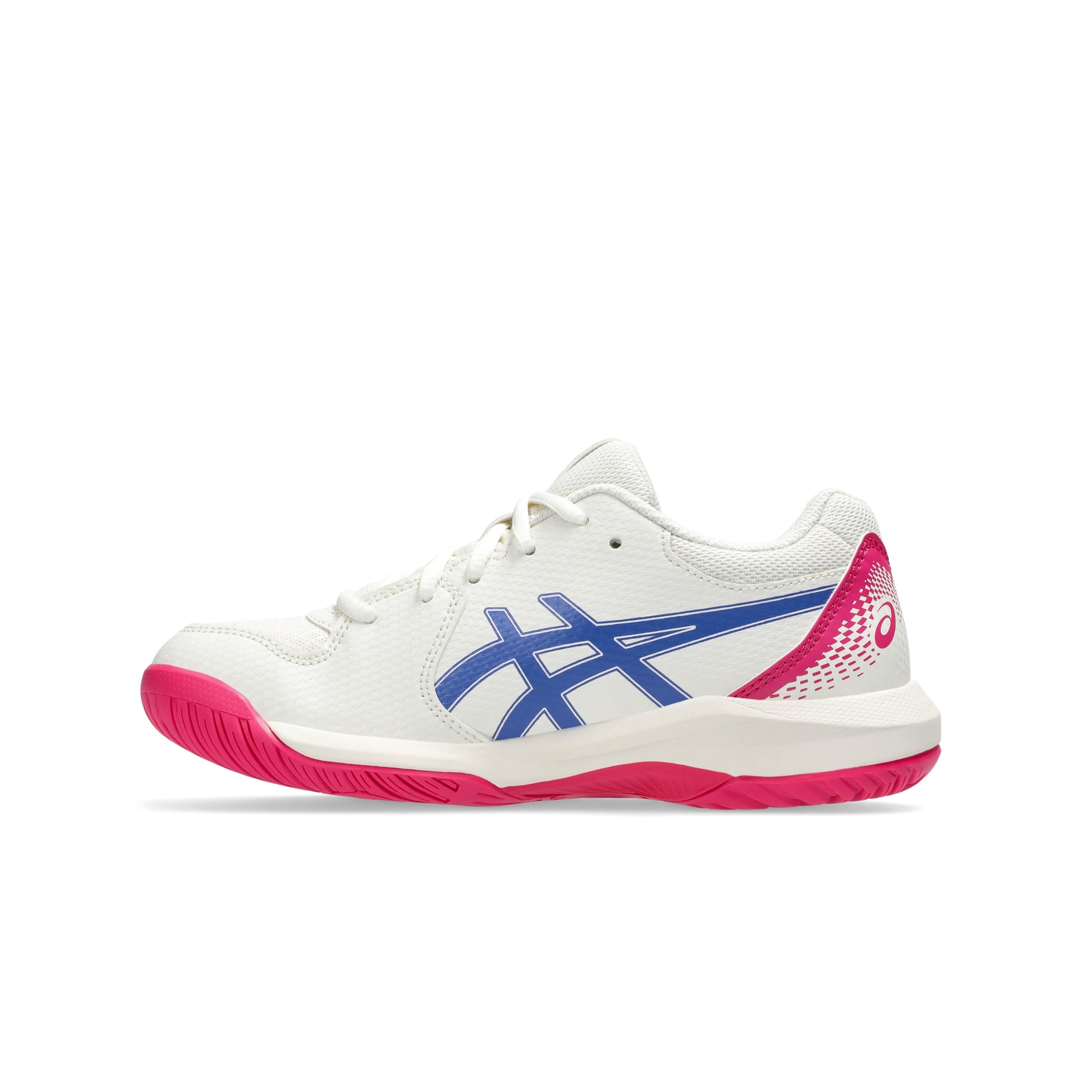 White Asics tennis with blue and pink accents on a white background