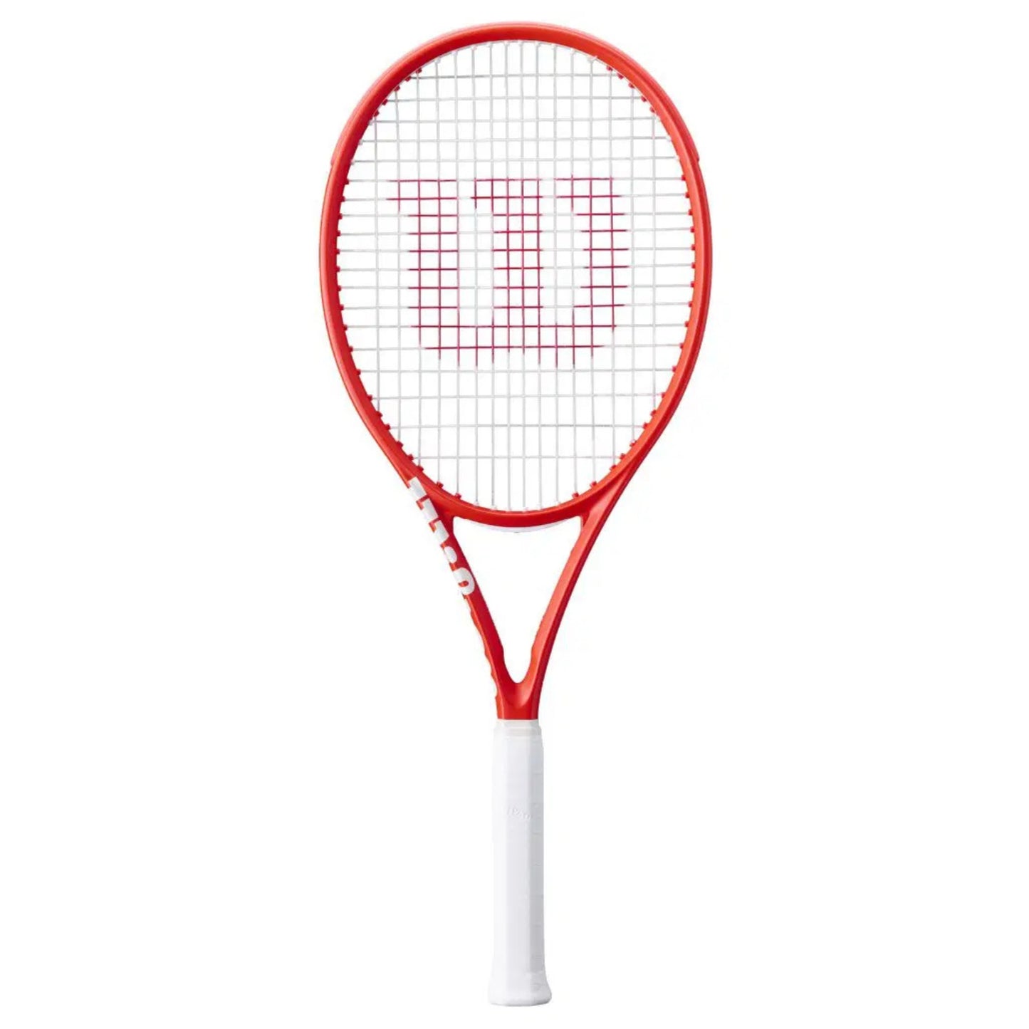 Red tennis racket with white strings on a white background