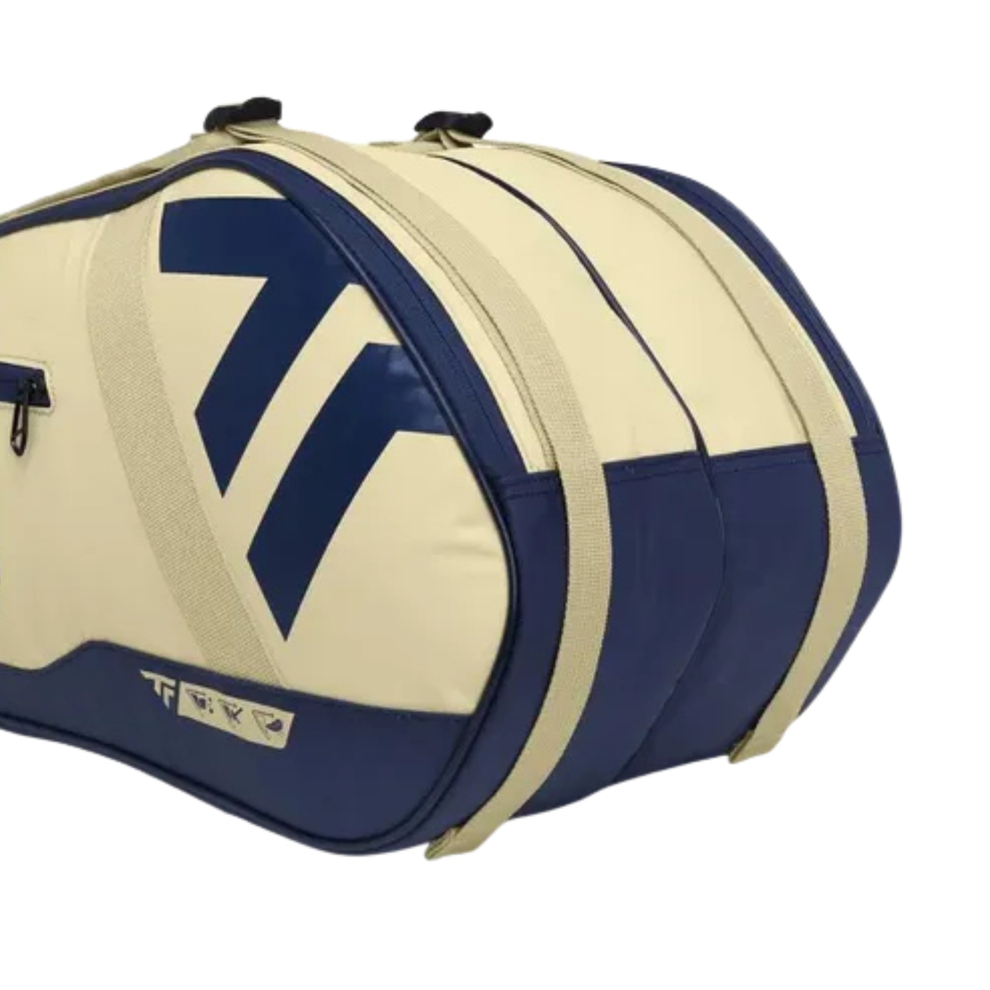 Blue and beige sports bag with a brand logo on a white background