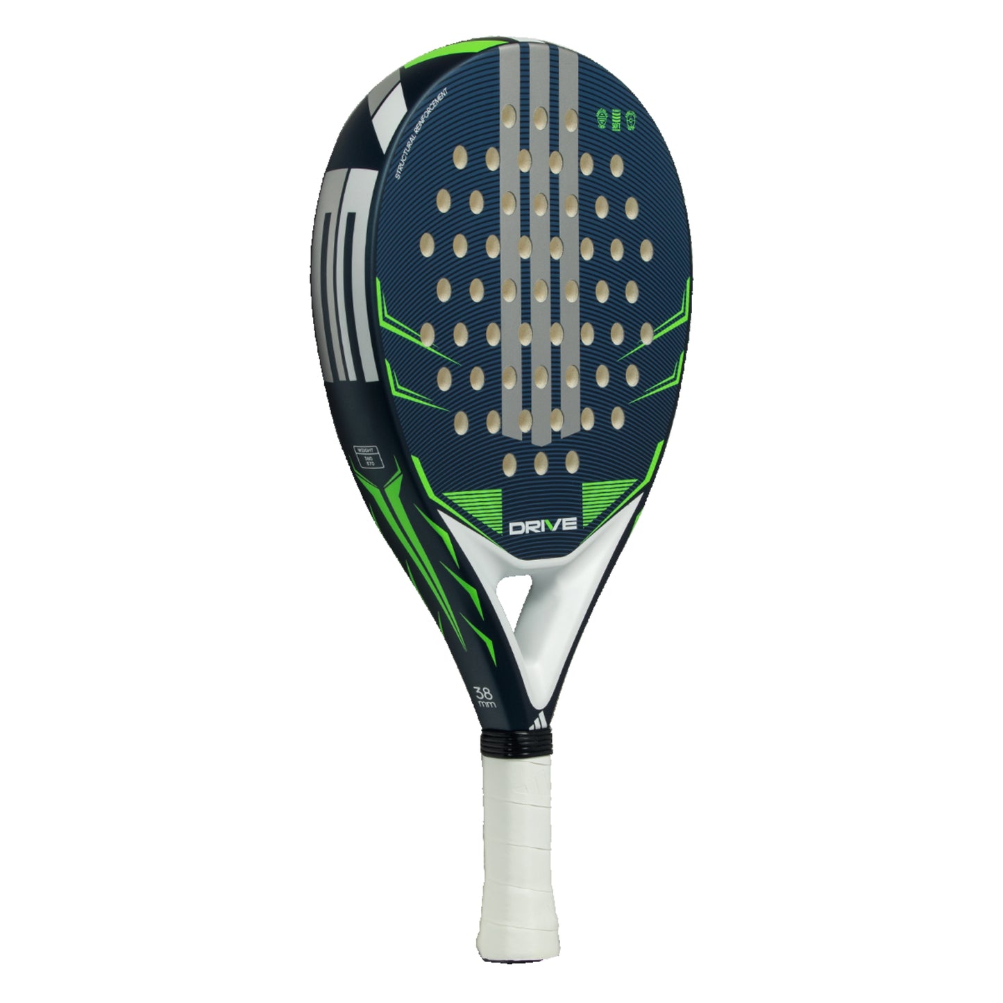 Padel racket with blue and green design on a white background