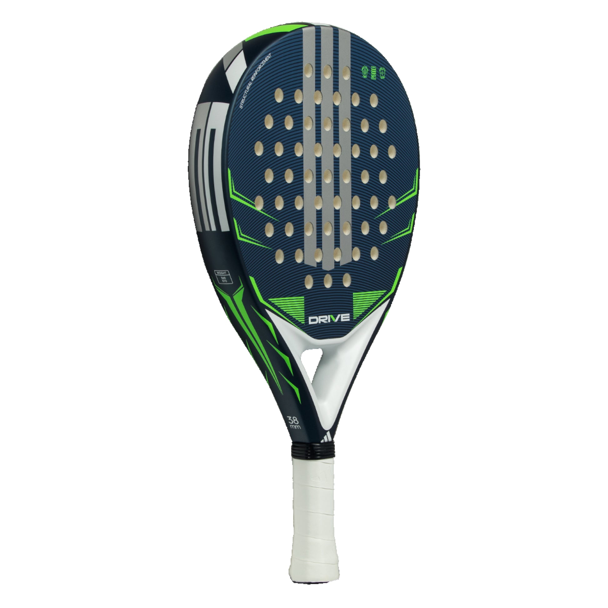 Padel racket with blue and green design on a white background