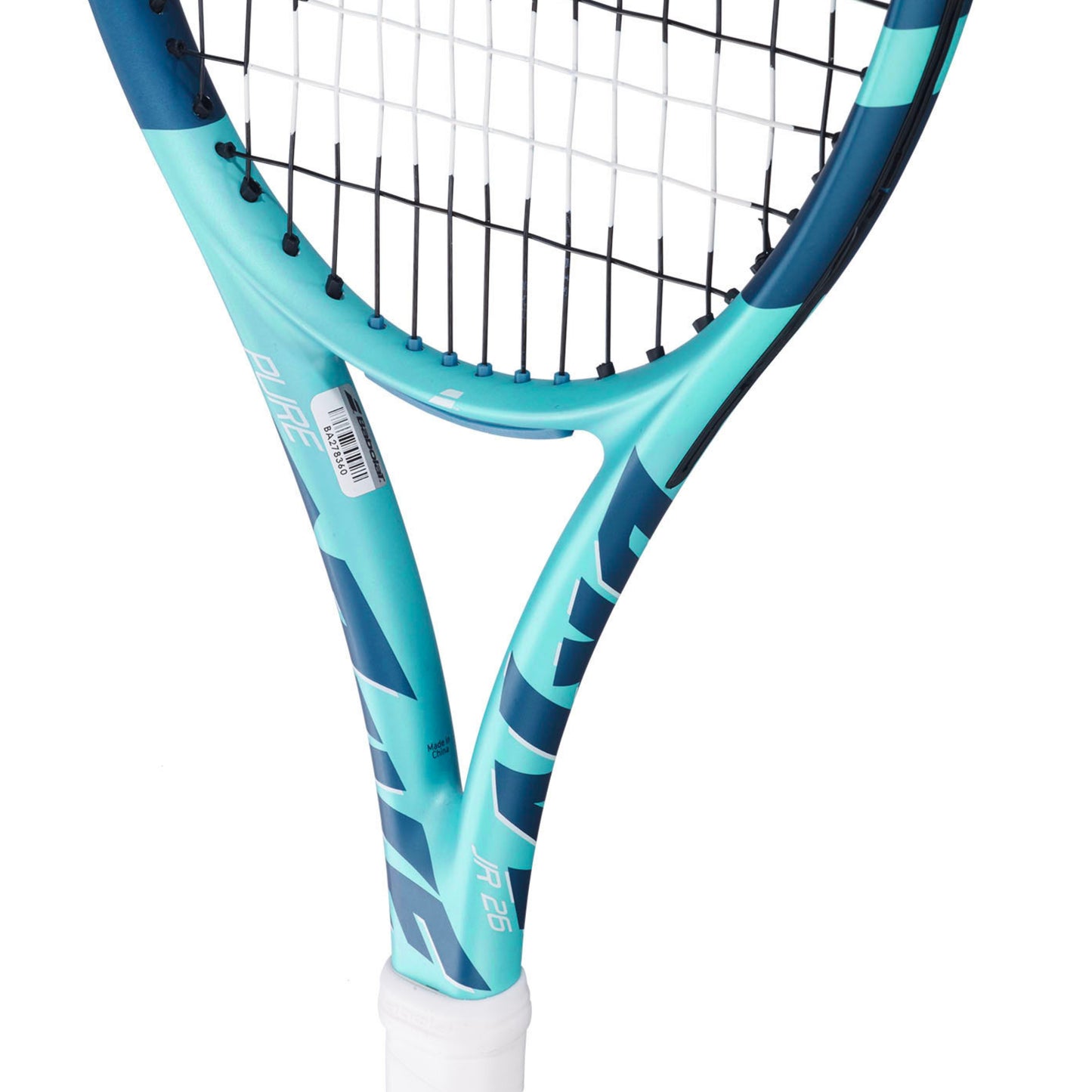 Close-up of a blue and white tennis racket on a white background