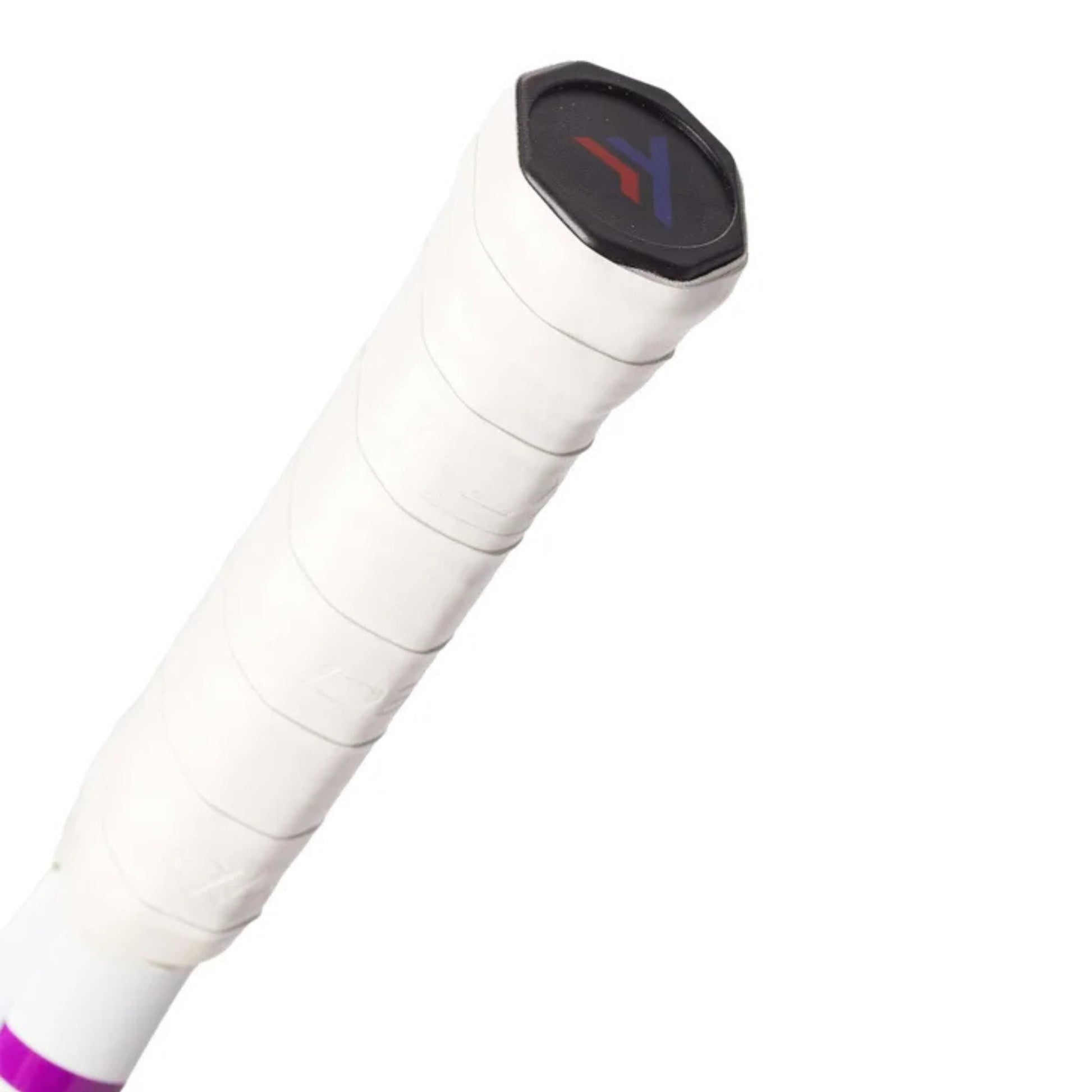 White tennis racket grip with a black end cap featuring a logo on a white background