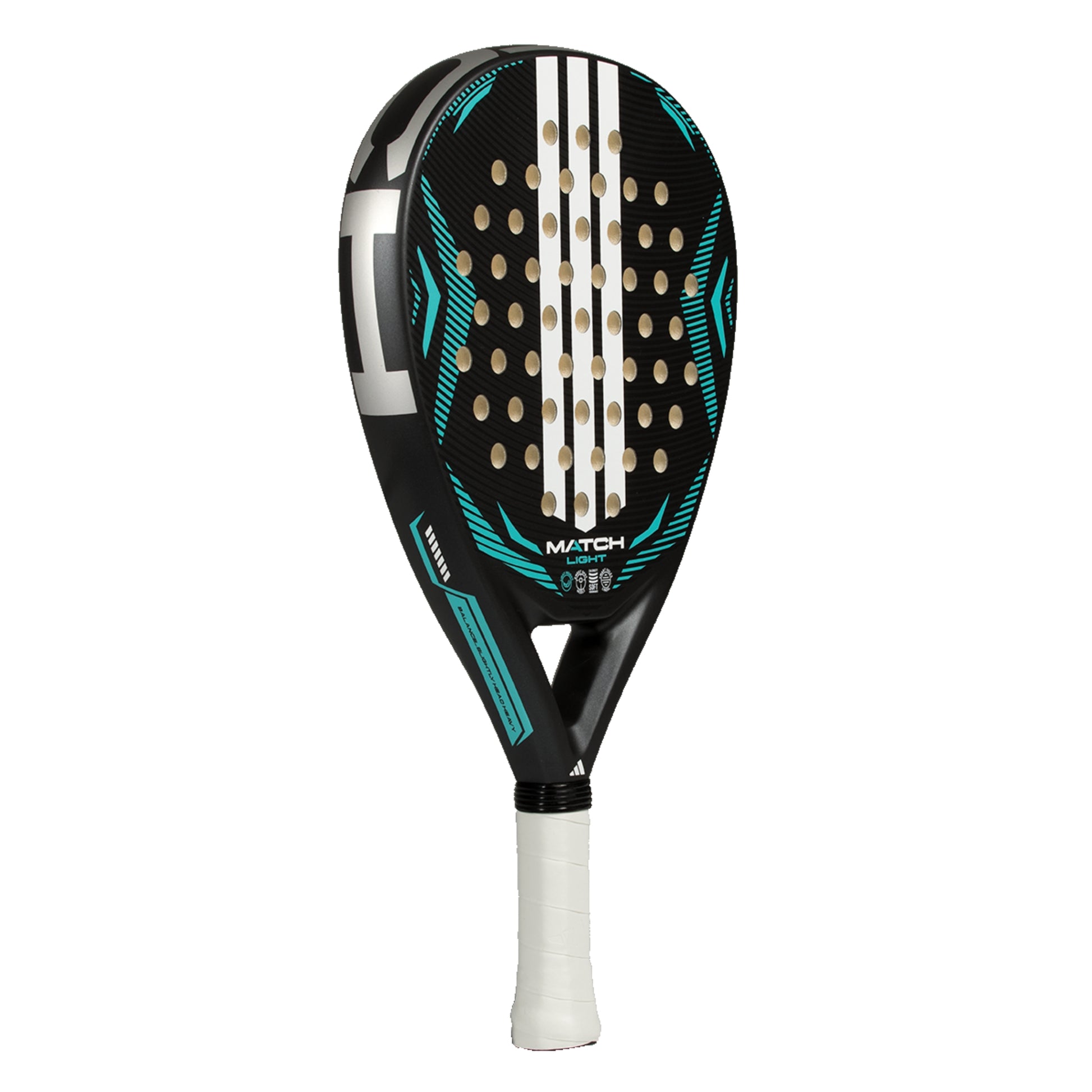 Padel racket with black and teal design on a white background