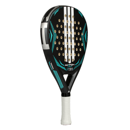 Padel racket with black and teal design on a white background