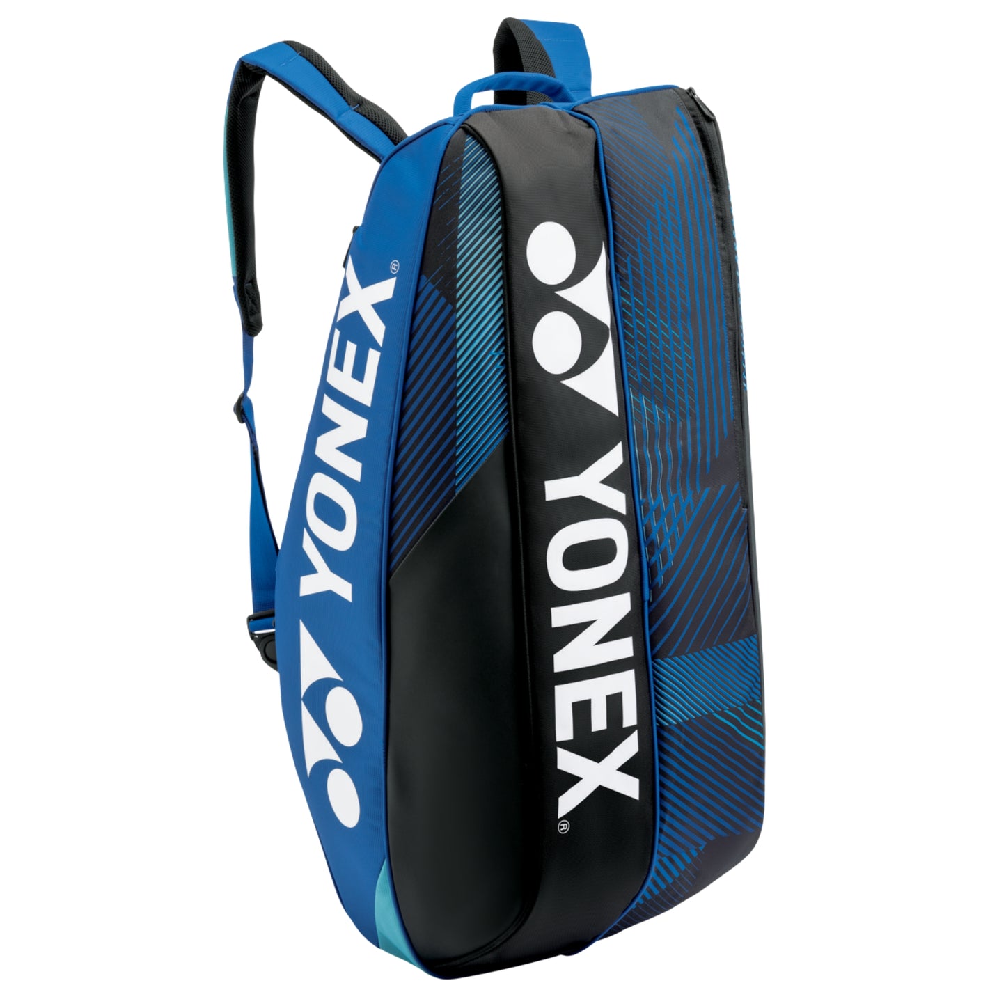 Blue and black Yonex tennis bag on a white background