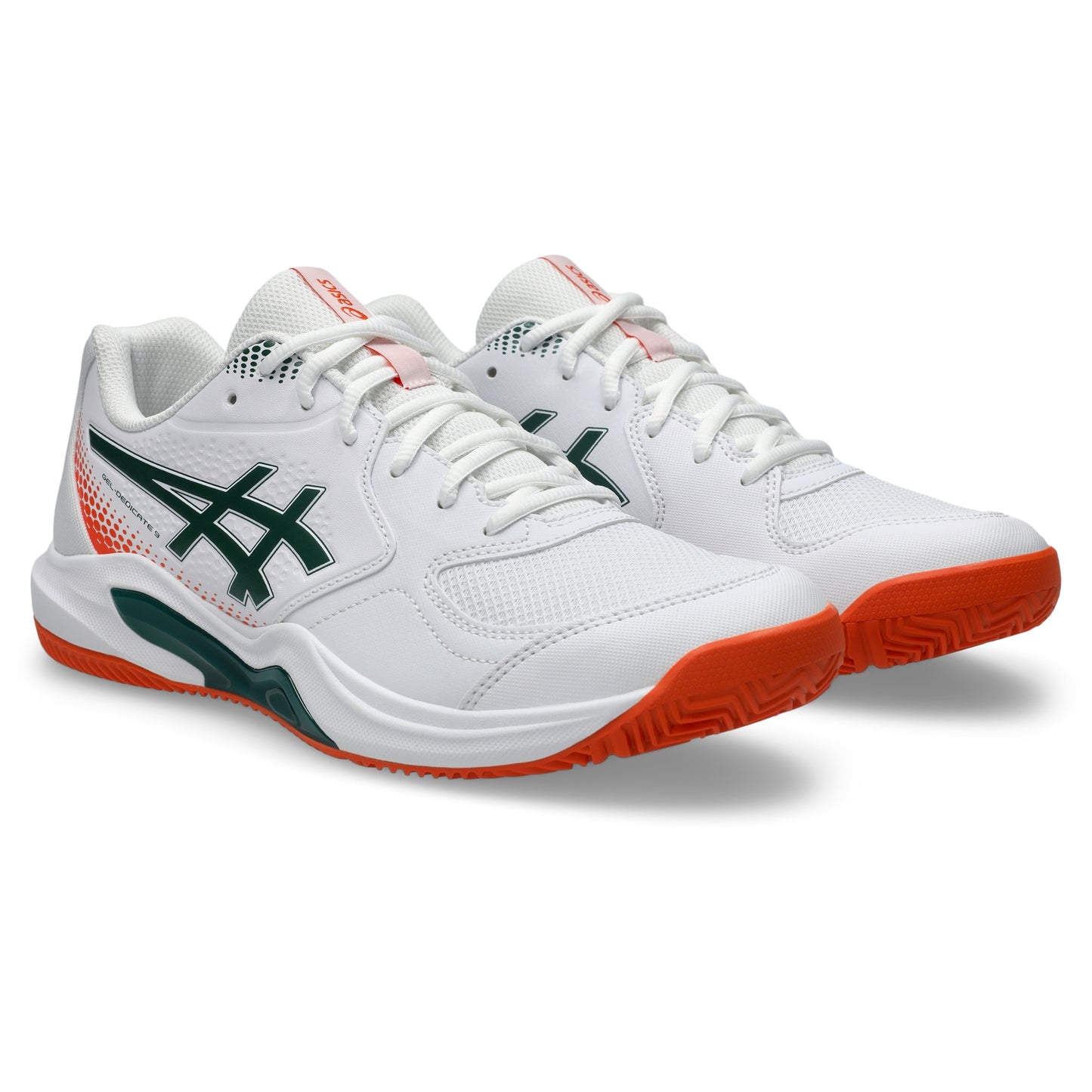 A pair of white Asics padel shoes with dark green and orange accents, shown from a three-quarters angle on a clean white background.