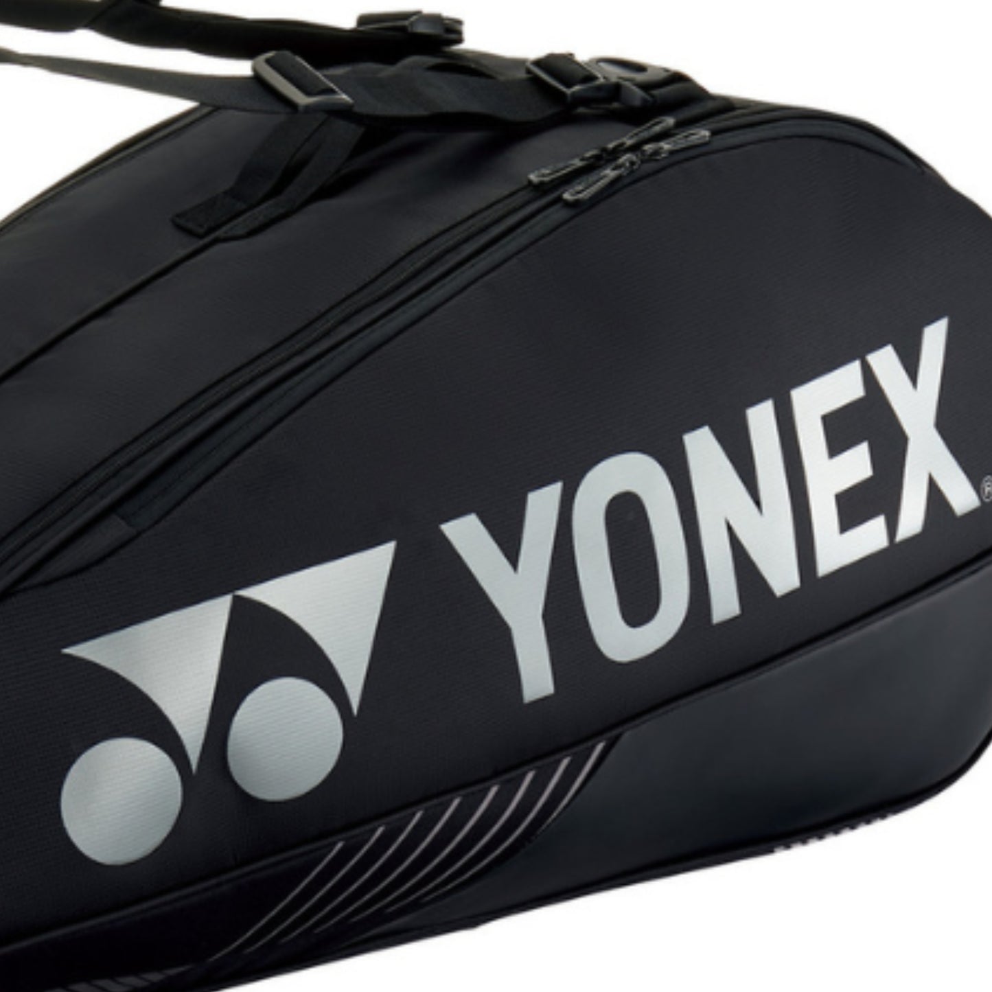 Black Yonex tennis bag on a white background