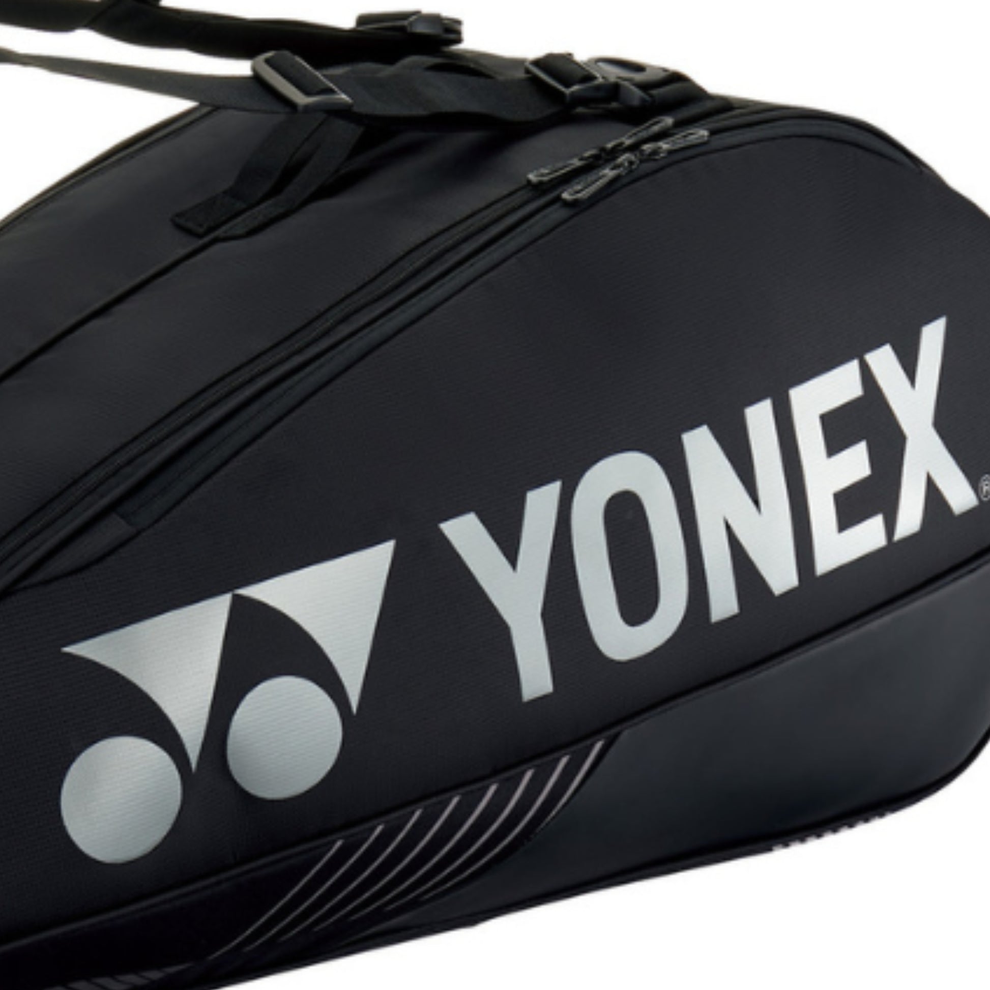 Black Yonex tennis bag on a white background