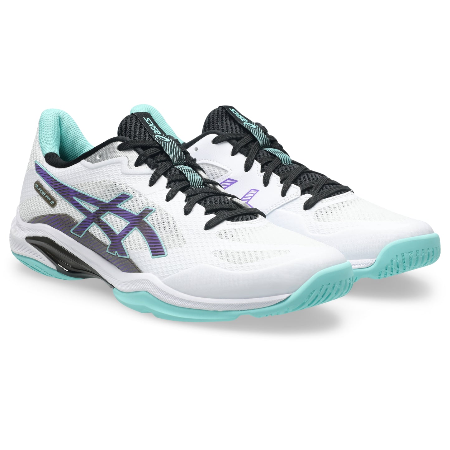 A pair of Asics tennis shoes in white, black, and mint green, shown from a three-quarters angle on a white background.