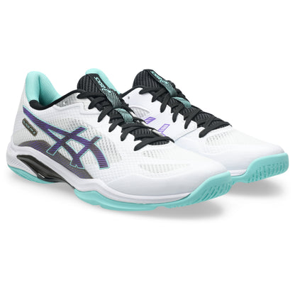 A pair of Asics tennis shoes in white, black, and mint green, shown from a three-quarters angle on a white background.