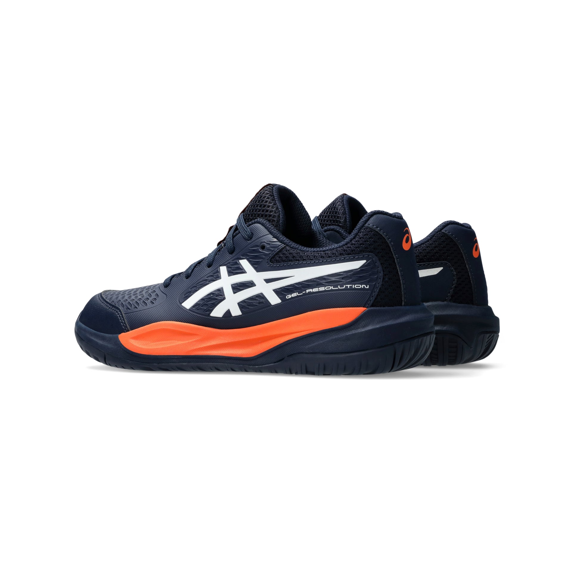 Back view of navy and orange Asics tennis shoes with white logo on a white background