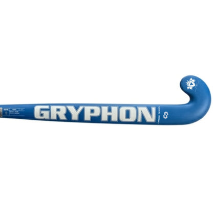 A blue field hockey stick with 'GRYPHON' printed in white across the shaft, featuring a white wolf logo on the curved blade, set against a plain white background.
