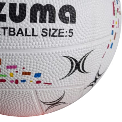 White netball with colorful patterns and 'Mitzuma' branding on a white background