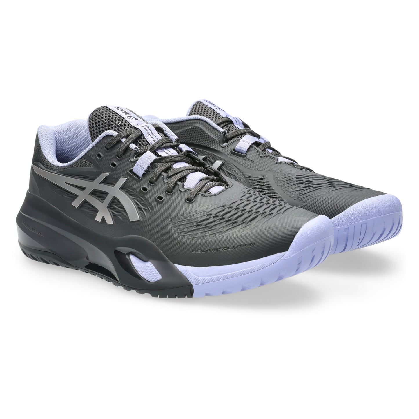 A pair of Asics tennis shoes in dark gray and light purple, shown from a three-quarters angle on a white background.