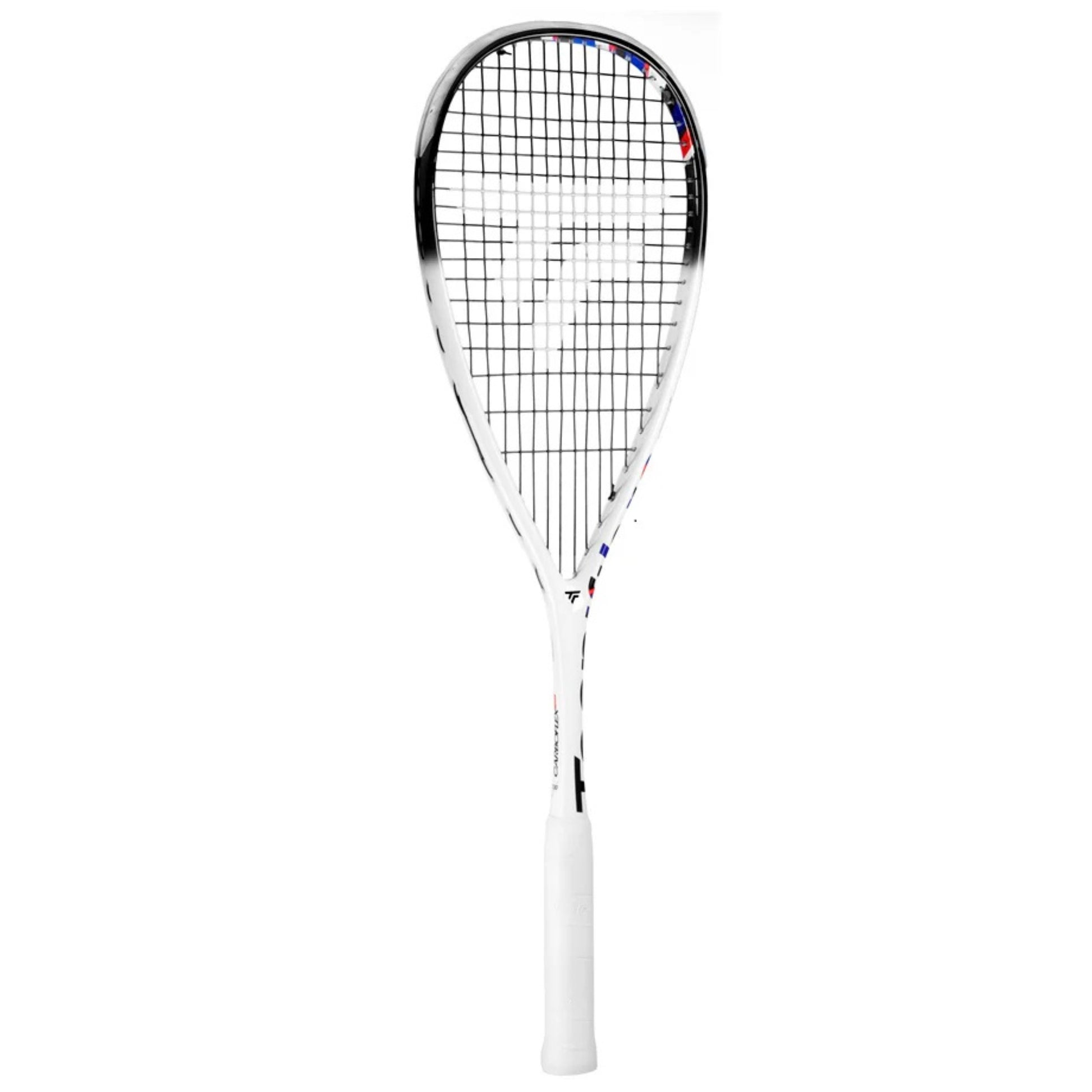 White Tecnifibre squash racket with black strings on a white background