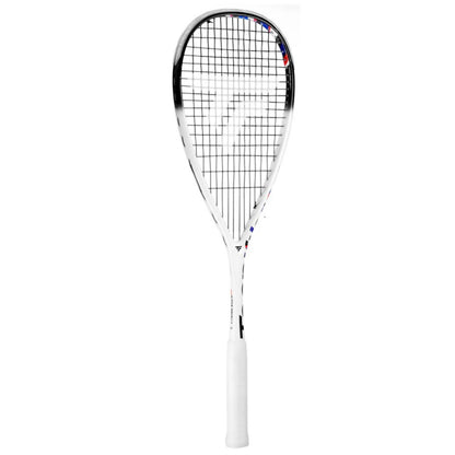White Tecnifibre squash racket with black strings on a white background