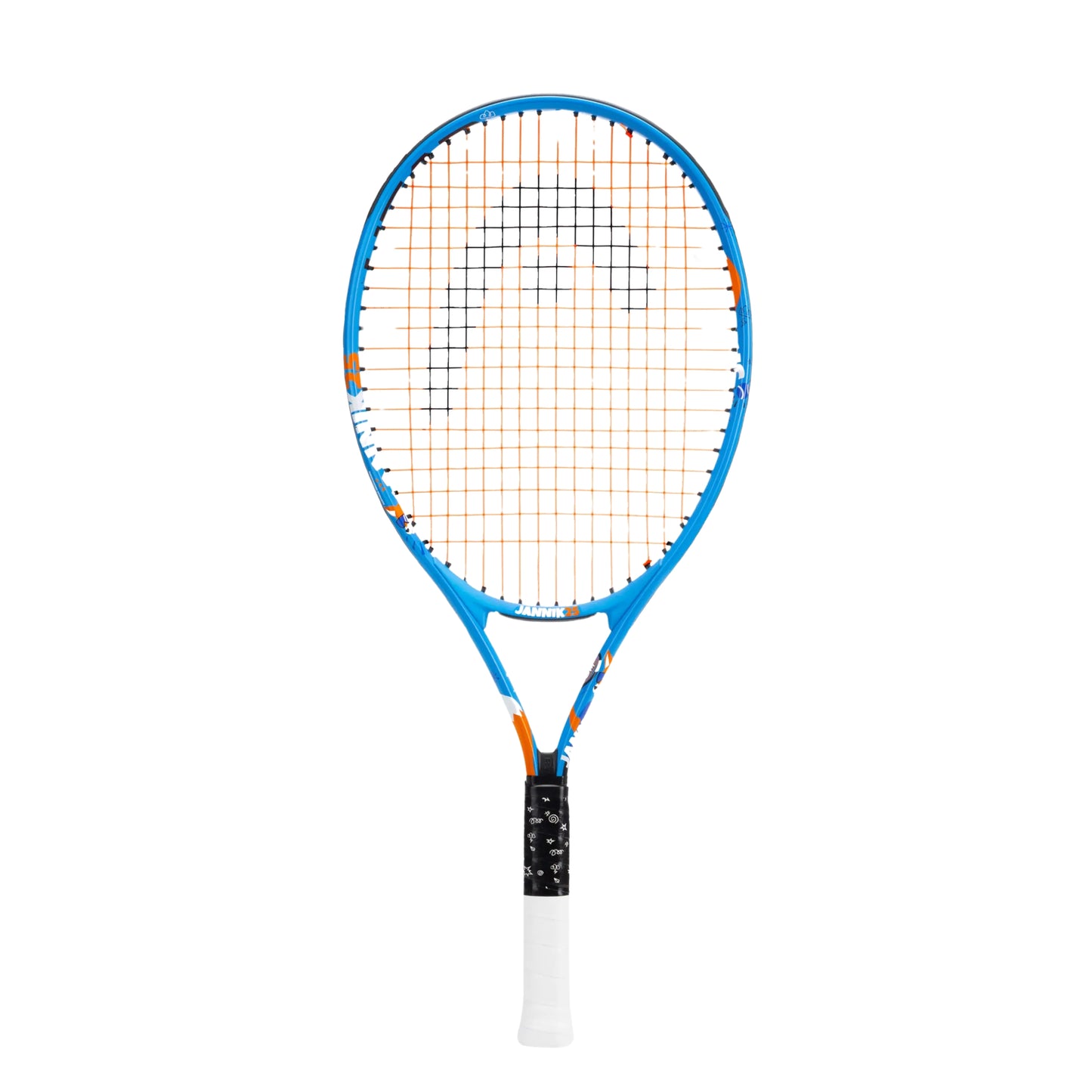 A Head tennis racket with a blue frame, orange and white strings, and a white grip, shown against a plain white background.
