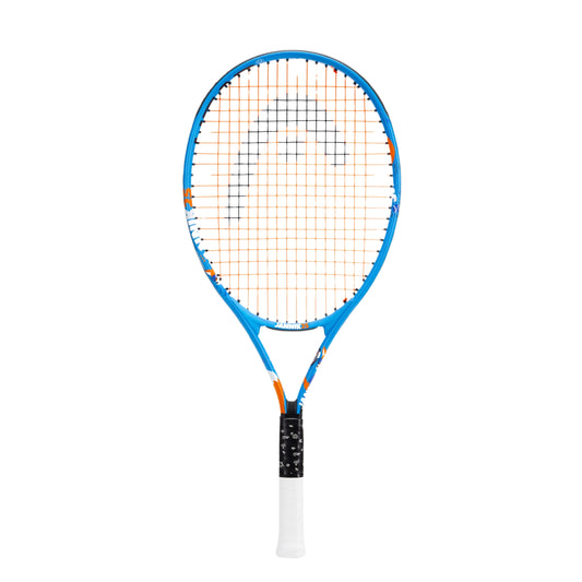 A Head tennis racket with a blue frame, orange and white strings, and a white grip, shown against a plain white background.